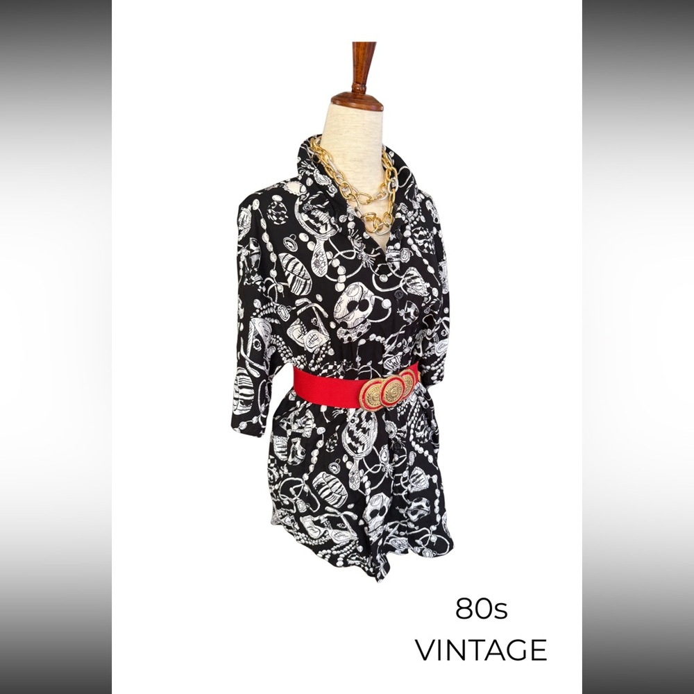 Vintage 80s Abstract Fashion Print Button Down Oversized Statement Blouse - Picture 2 of 7